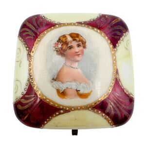 Porcelain Trinket Box Vintage Limoges Inspired Pink Gold Trim w Lady Portrait